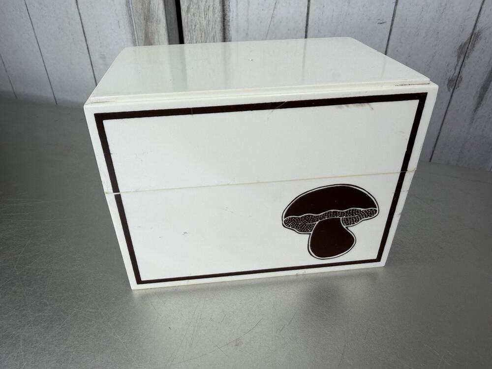 Vintage MCM Recipe Box Mushroom Mid Century Cream Plastic Hinged